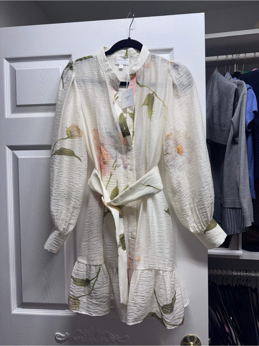 Lavender Brown Taupe Elizabeth Mini Dress XS Floral Tie-Waist Long Sleeve Dress